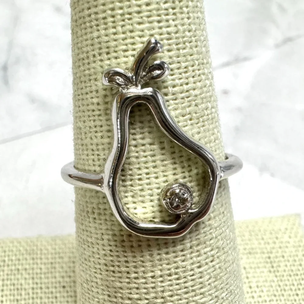 Sterling Silver Pear Ring Size 6 3/4 Fertility Symbol Open Work 925 Rhinestone